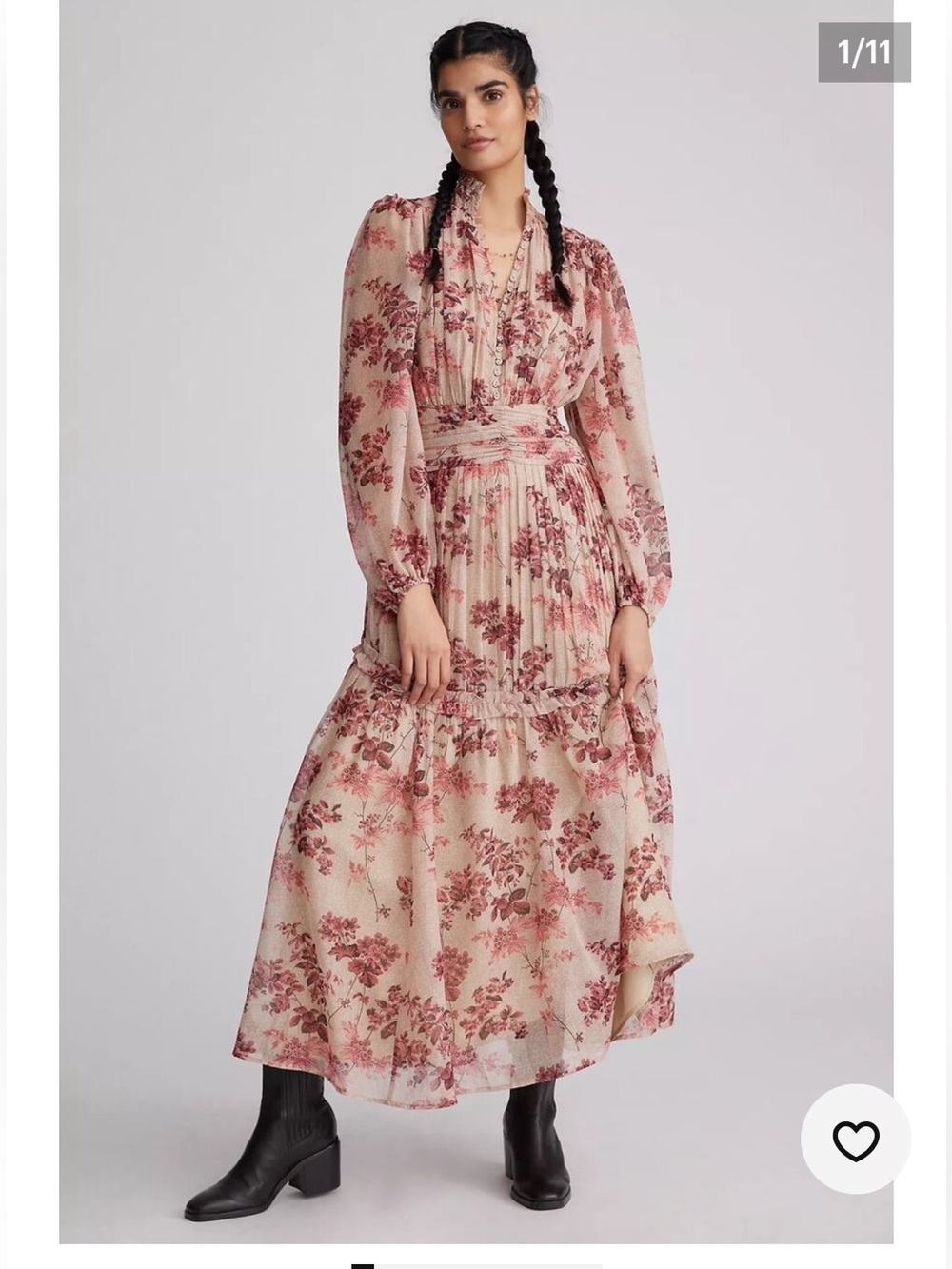 New Anthropologie Let Me Be Rose Floral Tiered Long-Sleeve Maxi Dress Tan Red